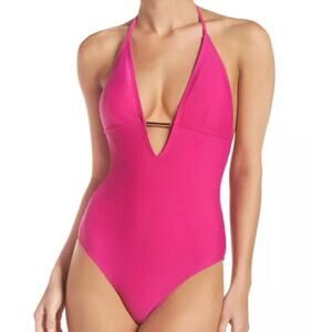 NEW Ted Baker London Fuchsia Low V Plunge Open Back One-Piece Halter Swimsuit